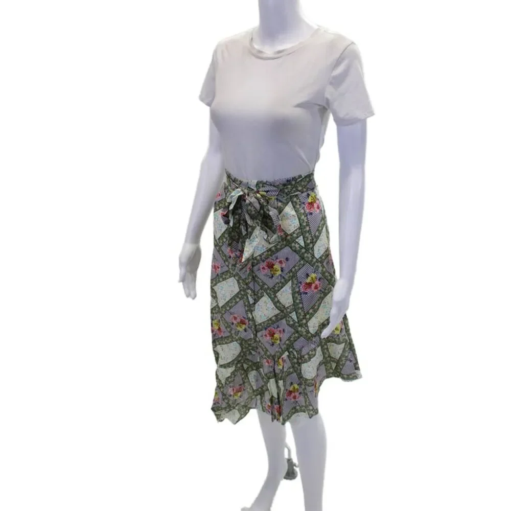 Playa Lucila Womens Button Front Belted Floral Striped Skirt Multicolored Small